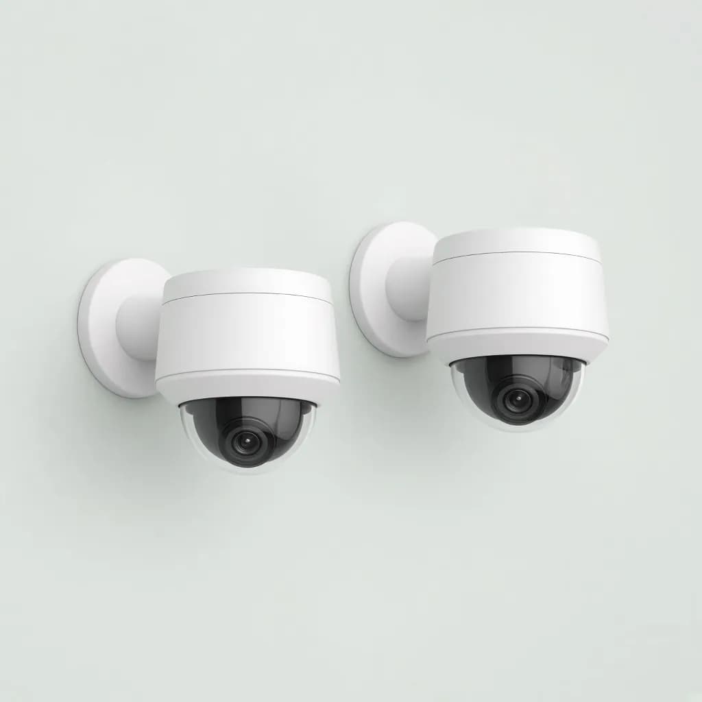 Two small white dome security cameras with wall mounts