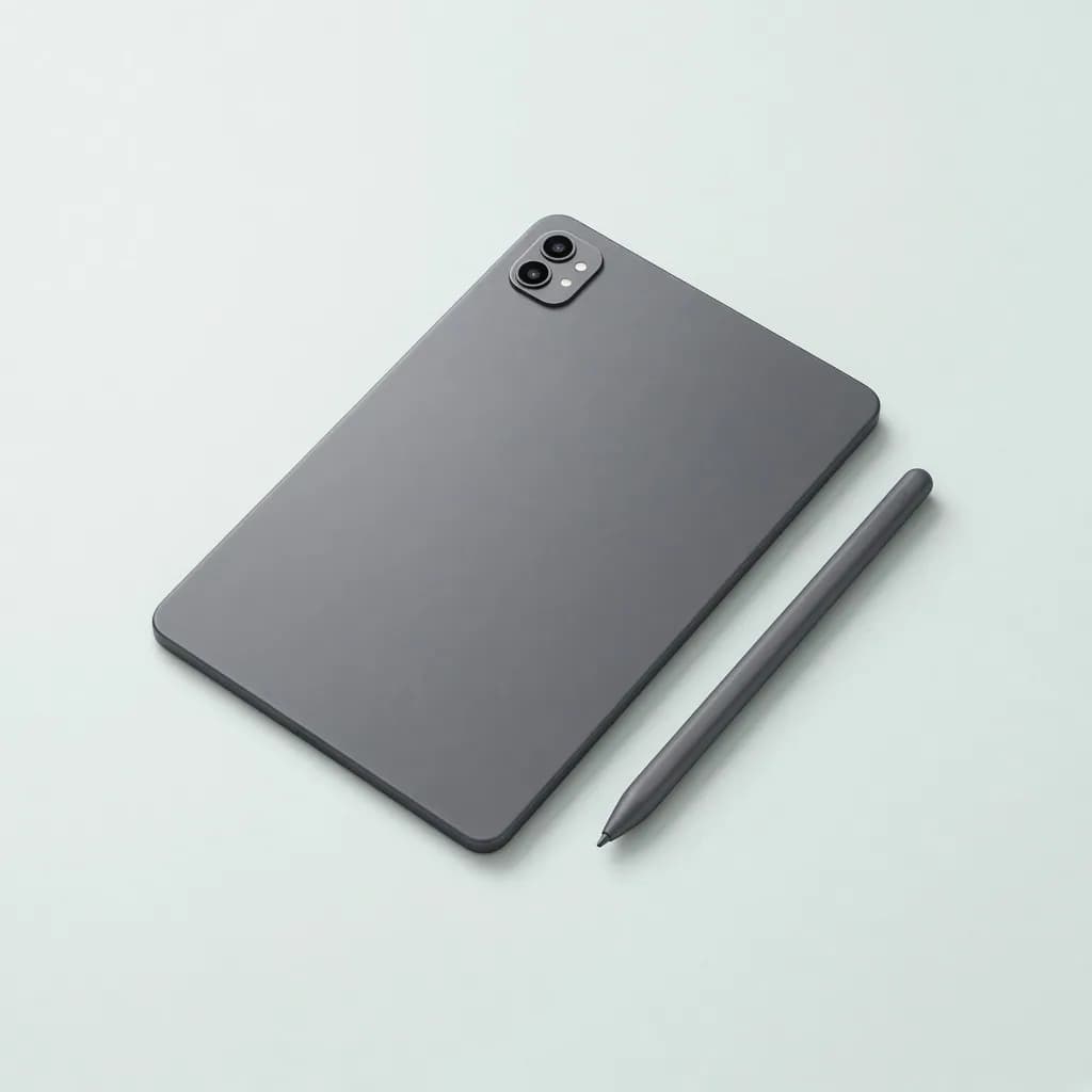 Thin tablet in space grey with a matching stylus lying beside it