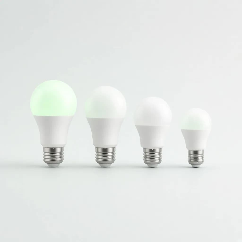 Four smart led light bulbs, one glowing soft green, arranged in a row