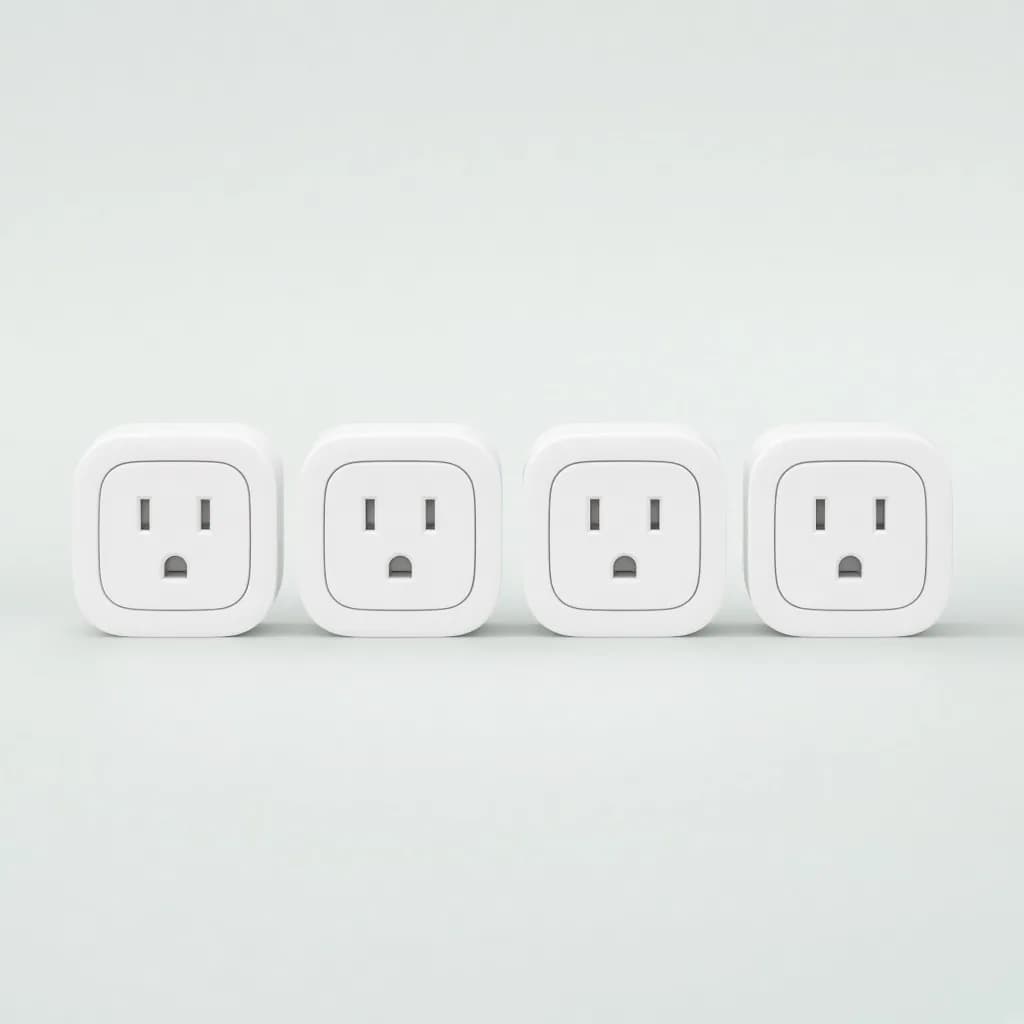 Four small white square smart plugs arranged in a neat row