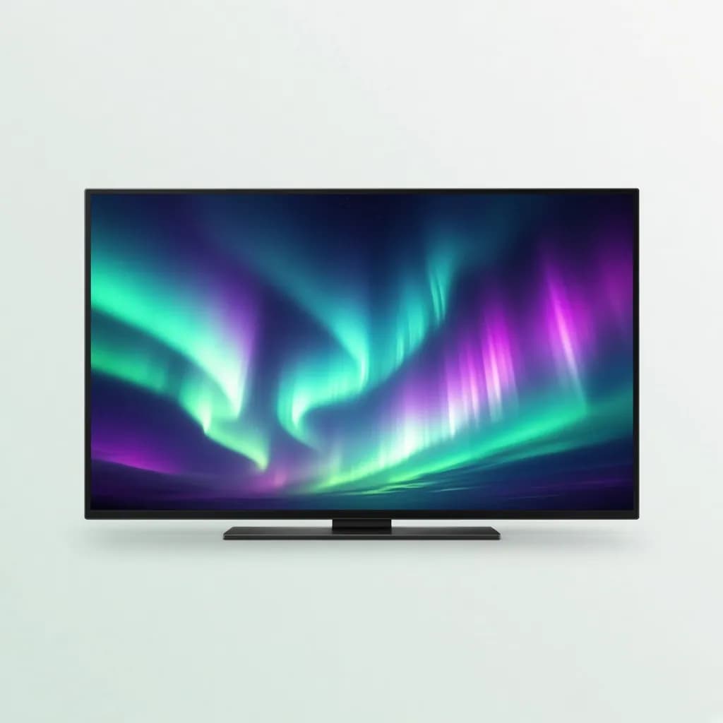 Large flat-screen smart tv on a slim stand showing a vivid abstract aurora image