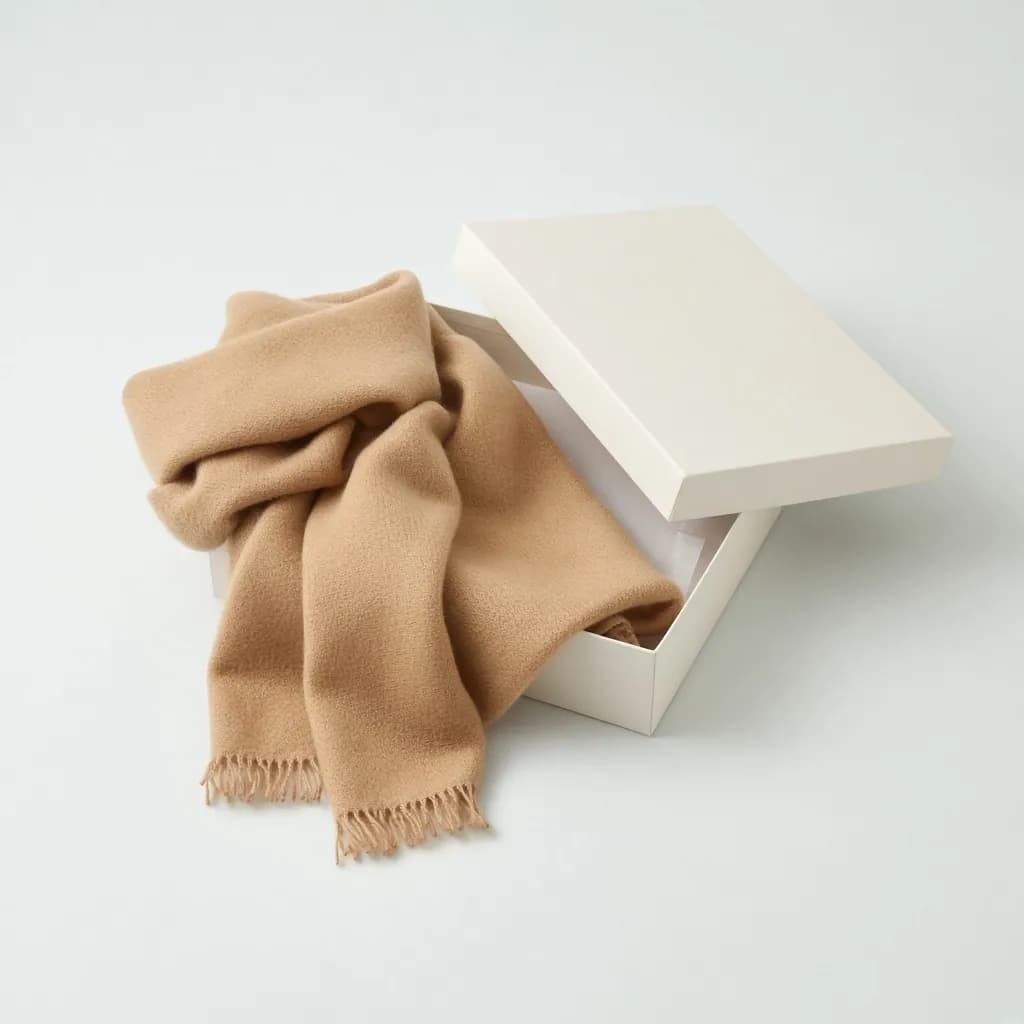 Softly draped camel cashmere wrap scarf folded beside an open gift box
