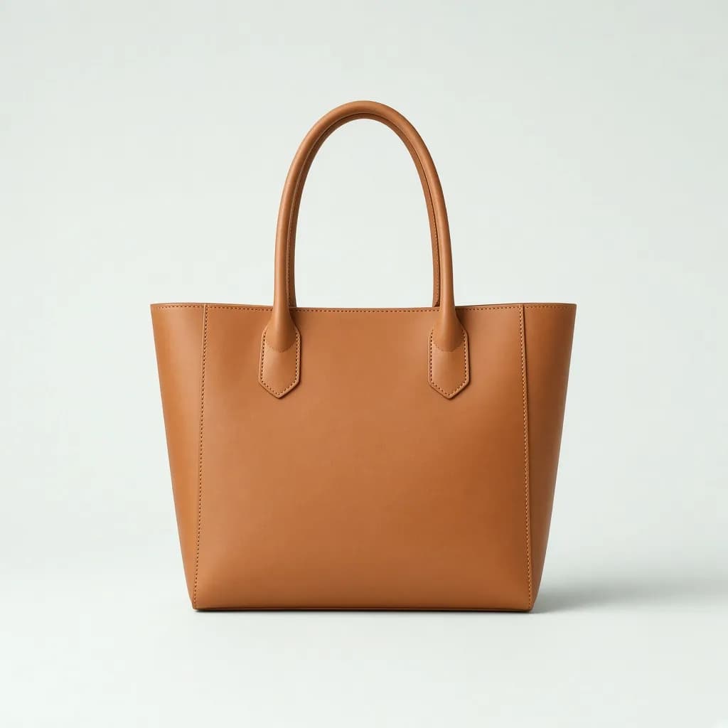 Structured cognac leather tote bag standing upright