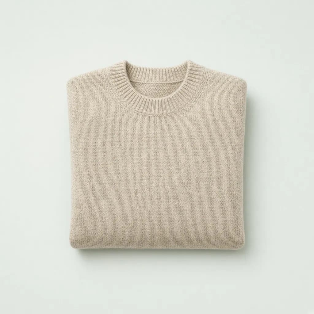 Neatly folded oatmeal colored merino wool crew neck sweater
