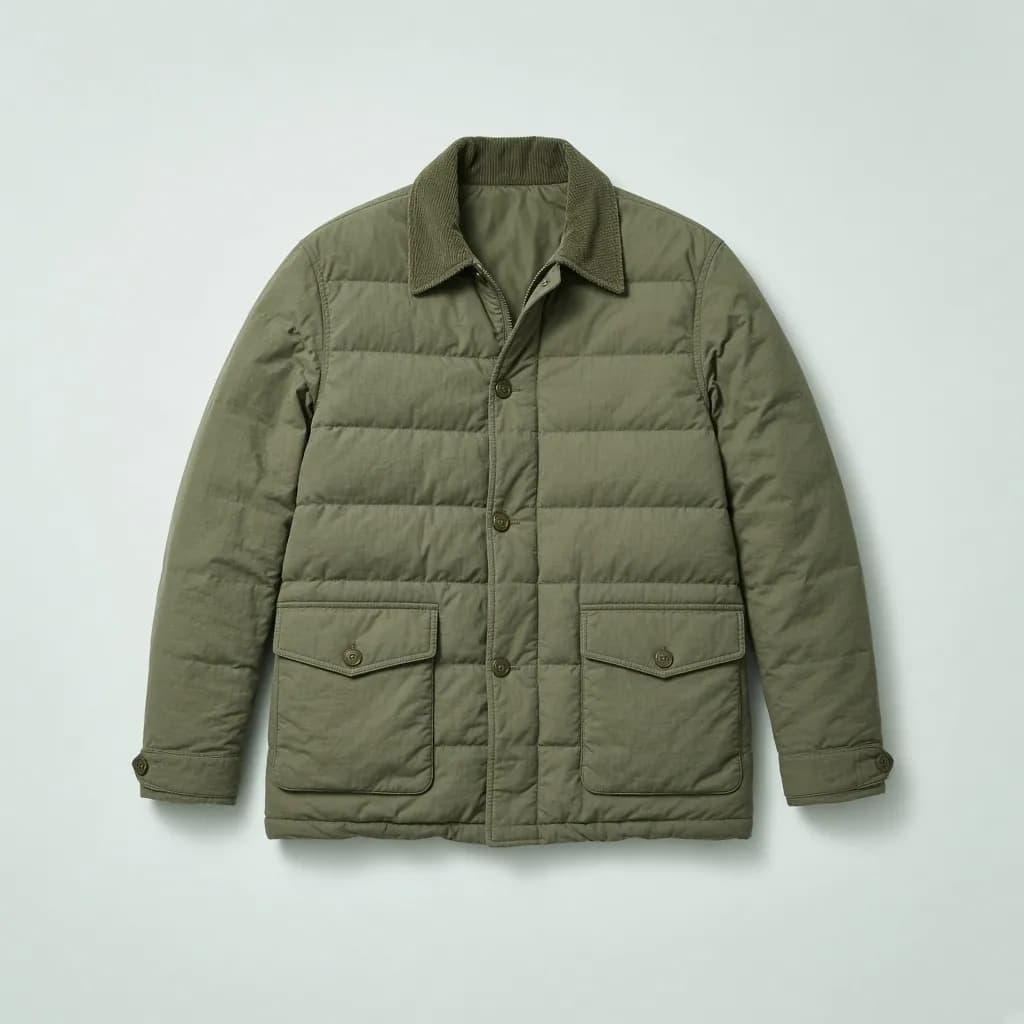 Olive green quilted field jacket with a corduroy collar laid flat