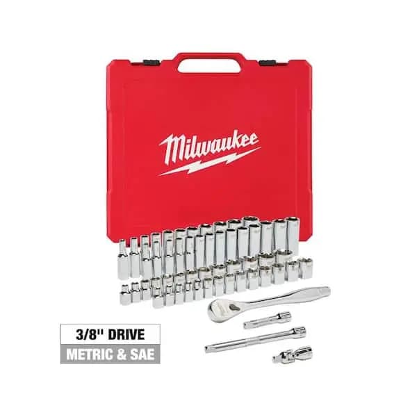 Milwaukee 3/8 in. Drive SAE/Metric Ratchet and Socket Mechanics Tool Set (56-Piece), 48-22-9008 [Carrier Type: Hard Shell Carrier, Features: Adapter(s) included,Extension(s) includ