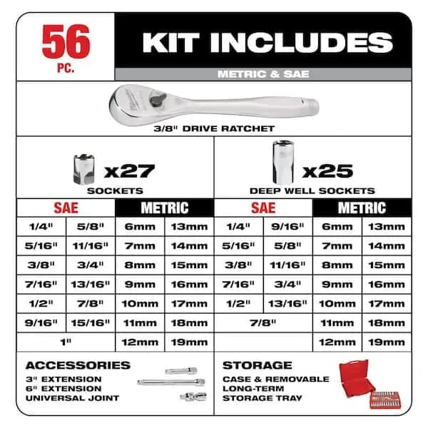 Milwaukee 3/8 in. Drive SAE/Metric Ratchet and Socket Mechanics Tool Set (56-Piece), 48-22-9008 [Carrier Type: Hard Shell Carrier, Features: Adapter(s) included,Extension(s) includ