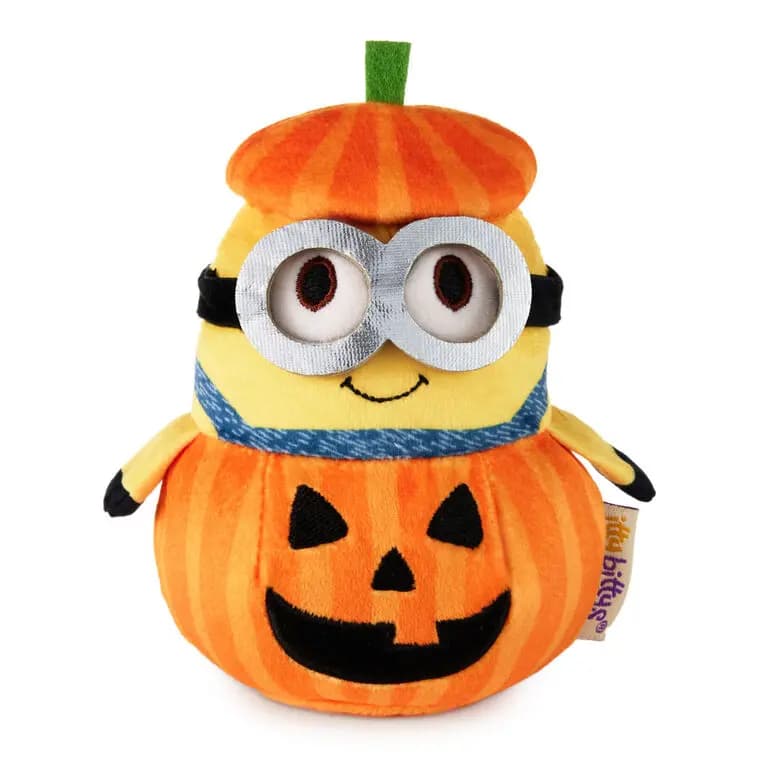 itty bittys Minions Bob in Jack-o'-Lantern Plush With Sound [3'' W x 4'' H x 3'' D, Plush fabric and plastic., Bob the Minion says 1 of 5 Halloween, Nonreplaceable batteries includ