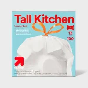 UltraStretch Tall Kitchen Drawstring Trash Bags - Unscented - 13gal/100ct - up&up™ [Scent Unscented, Dimensions (Overall) 25.13 Inches (L), 24 Inches (W), .82 Mil, Features BPA-Fre