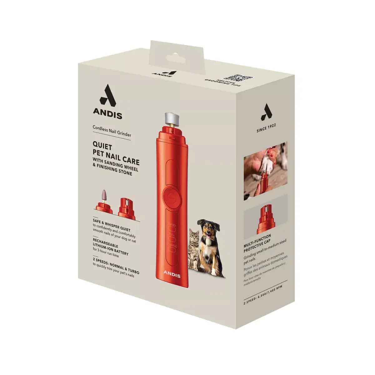 Andis® Quiet 2-Speed Cordless Rechargeable Pet Nail Grinder with Sanding Wheel and Finishing Stone [Features Fine grit grinding, Includes Fine grit grinding, Intended Pet(s) Dog, C