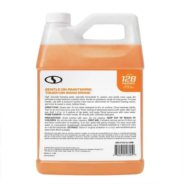 Sun Joe 1 Gal. Premium Snow Foam Pressure Washer Rated Car Wash Soap and Cleaner, Orange-Vanilla, SPX-FCS1G-CRM [Container Size (oz.): 128, Features: Chemical/detergent injection,