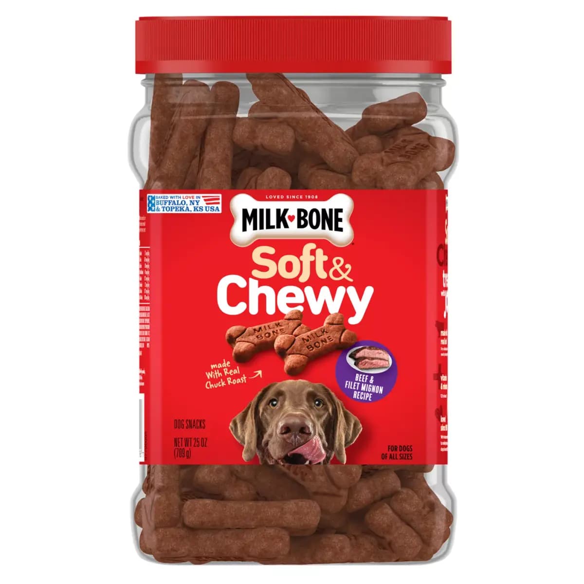 Milk-Bone Soft & Chewy Dog Treats, Made with Real Beef & Filet Mignon [Key Benefits Contains one (1) 25-ounce container of M, Item Number 5116698, Brand Milk-Bone, Food Type Dog Ch