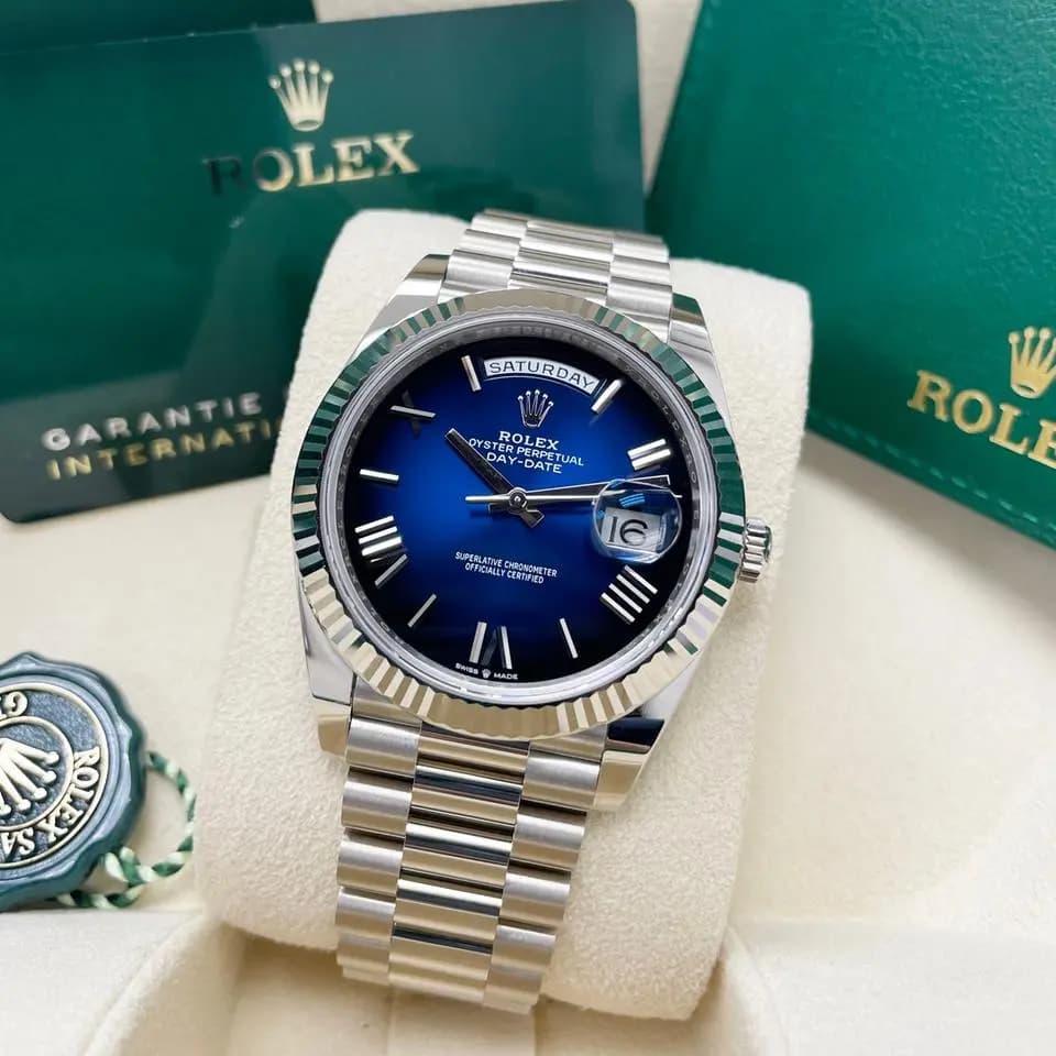 Rolex UNWORN Day-Date 40mm 228239 White Gold Fluted Bezel Blue Ombre Dial President Bracelet Full Set, Unworn Complete Box & Papers