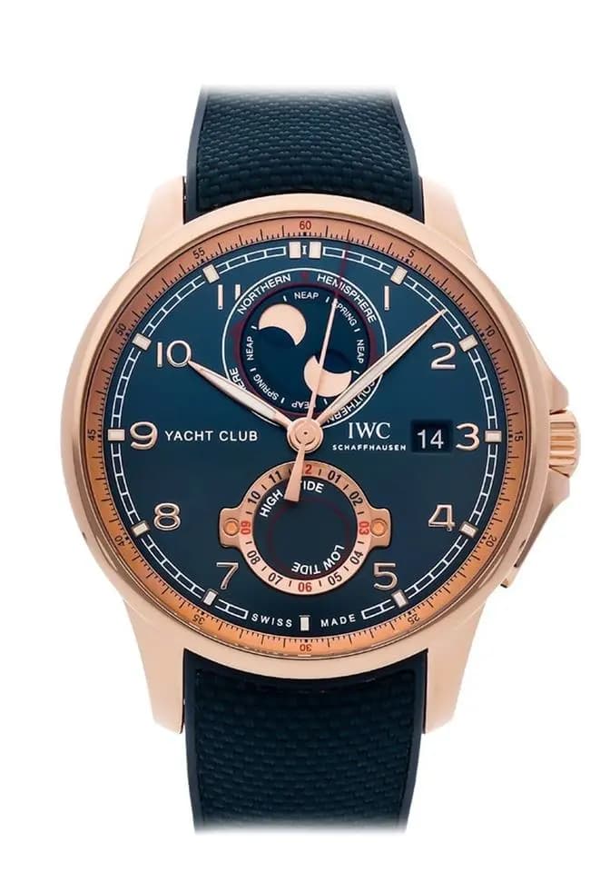 IWC Portugieser Yacht Club Moon & Tide 45mm Pink Gold Case Blue Dial Rubber Strap IW344001 NEW - Warranty start: 2026