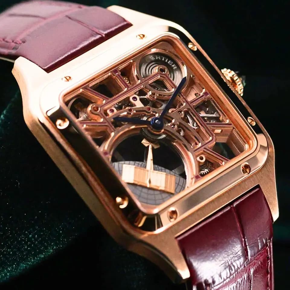 Cartier MINT COMPLETE SET Santos-Dumont Micro-Rotor Skeleton 18K Rose Gold Alligator 31mm WHSA0030