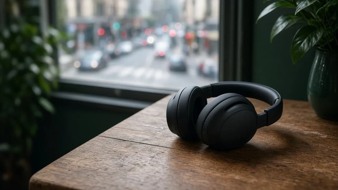 Over-ear noise cancelling headphones on a desk beside a laptop and a coffee cup