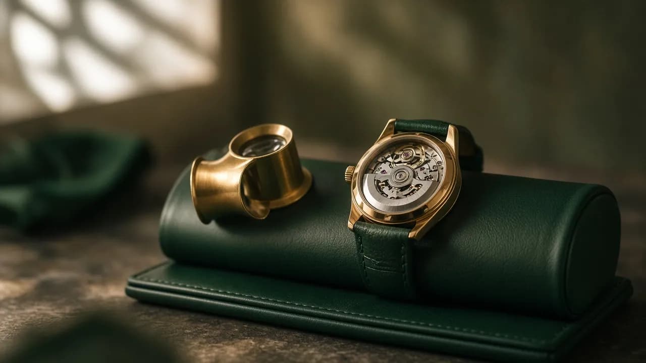 An automatic wristwatch with a sunburst dial resting on a folded leather watch roll
