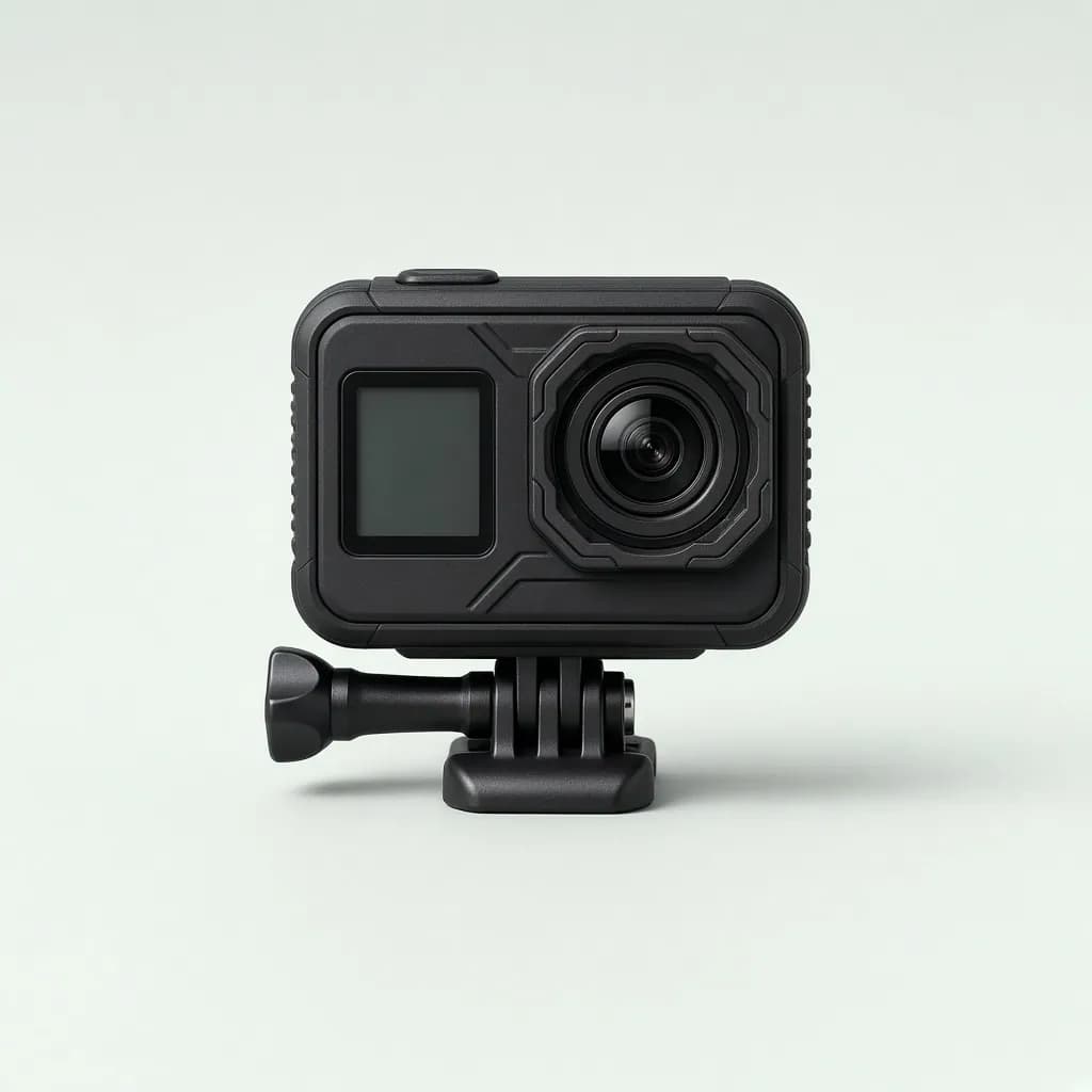 Small rugged black action camera with dual screens and a mounting clip