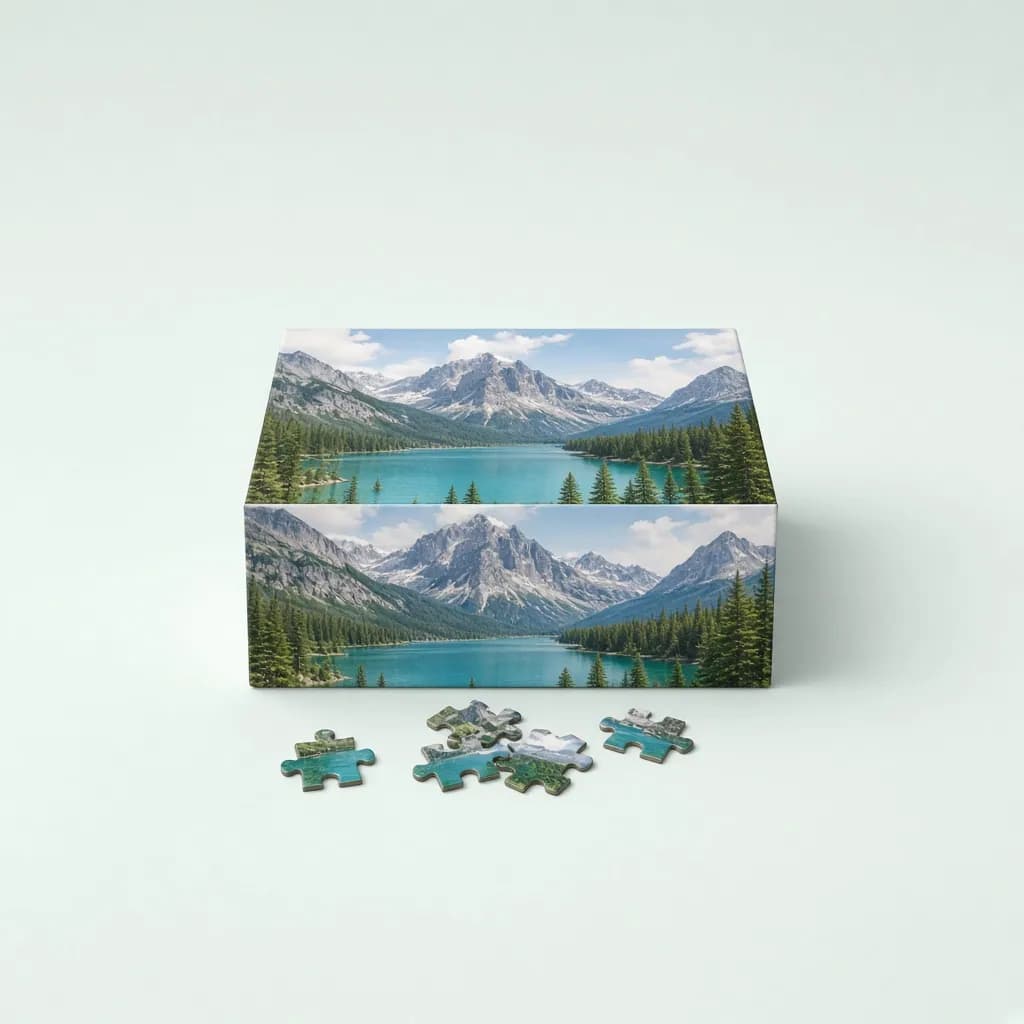 Jigsaw puzzle box showing an alpine lake landscape with a few loose puzzle pieces