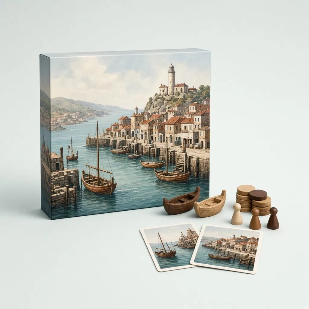 Strategy board game box with a harbor illustration beside wooden game pieces