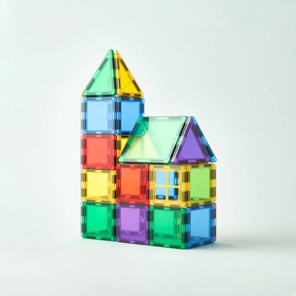 Colorful translucent magnetic building tiles built into a small tower and house