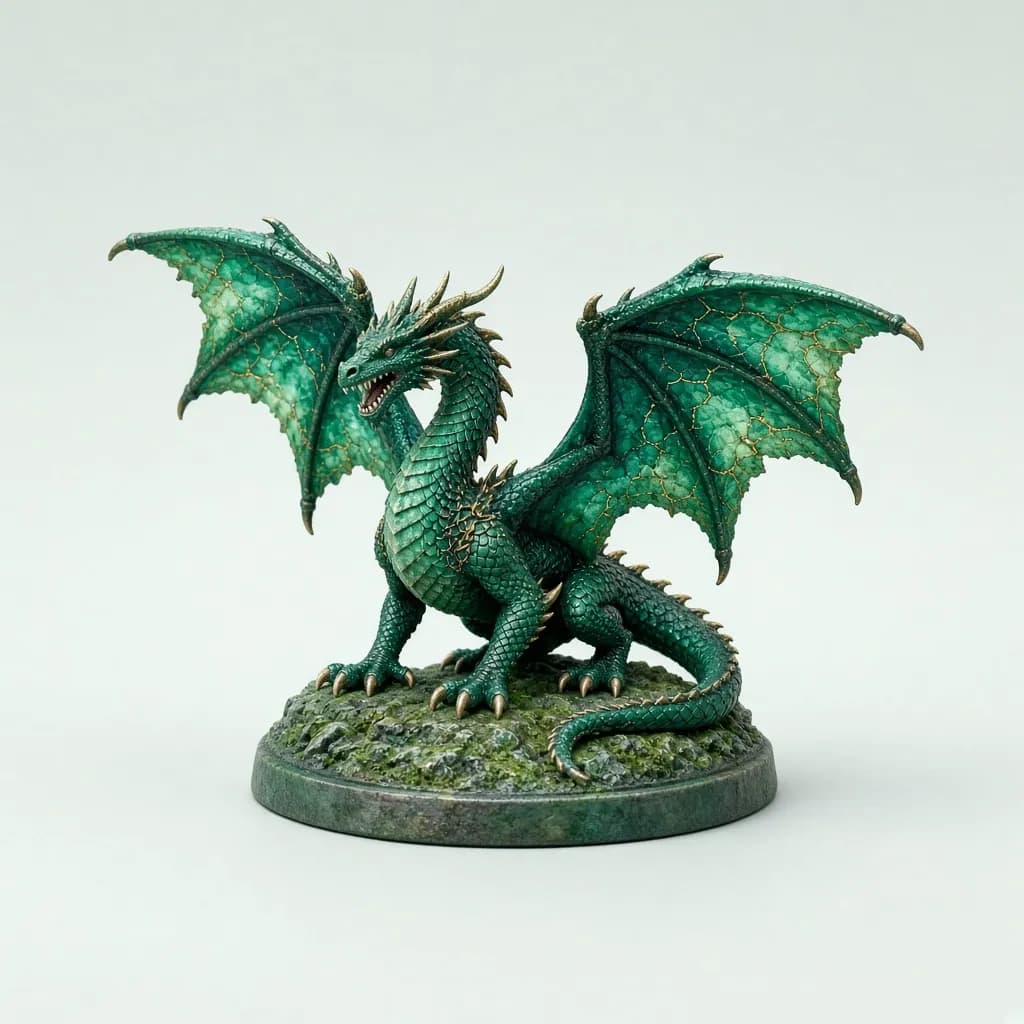 Hand-painted emerald green dragon collector figurine with spread wings on a round base
