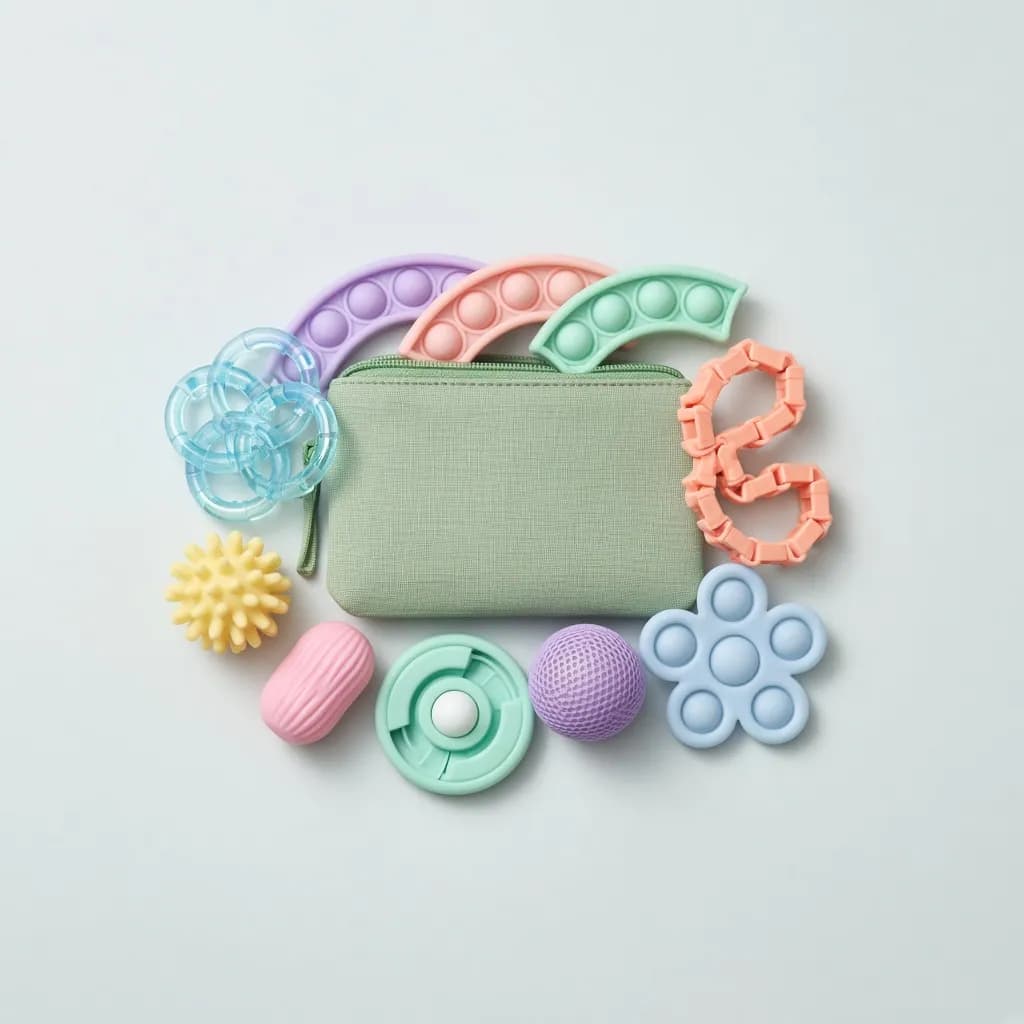 Assortment of pastel sensory fidget toys spread around a zip pouch