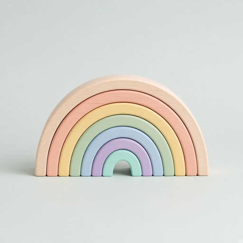 Wooden rainbow stacking toy with seven soft pastel painted arches