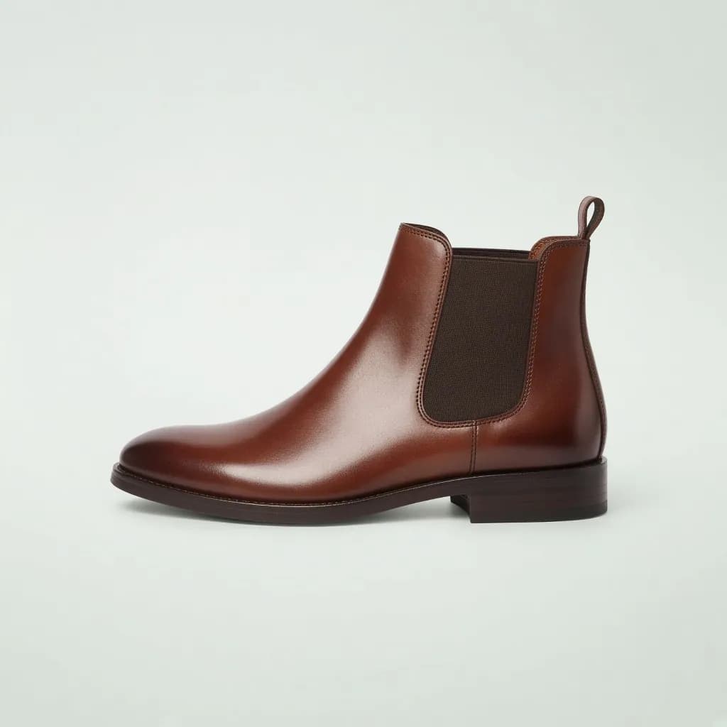 Polished chestnut brown leather chelsea boot, side view