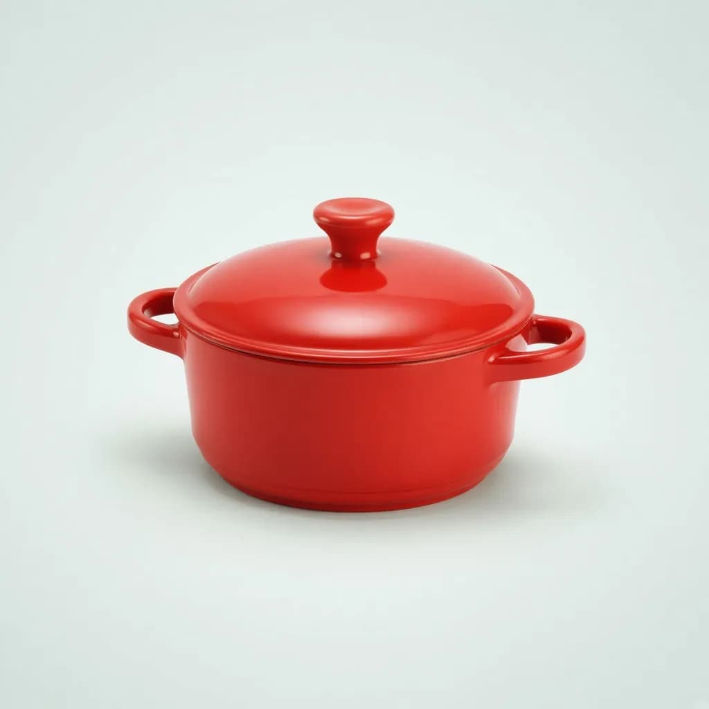 Round enameled cast iron dutch oven in glossy tomato red with a lid