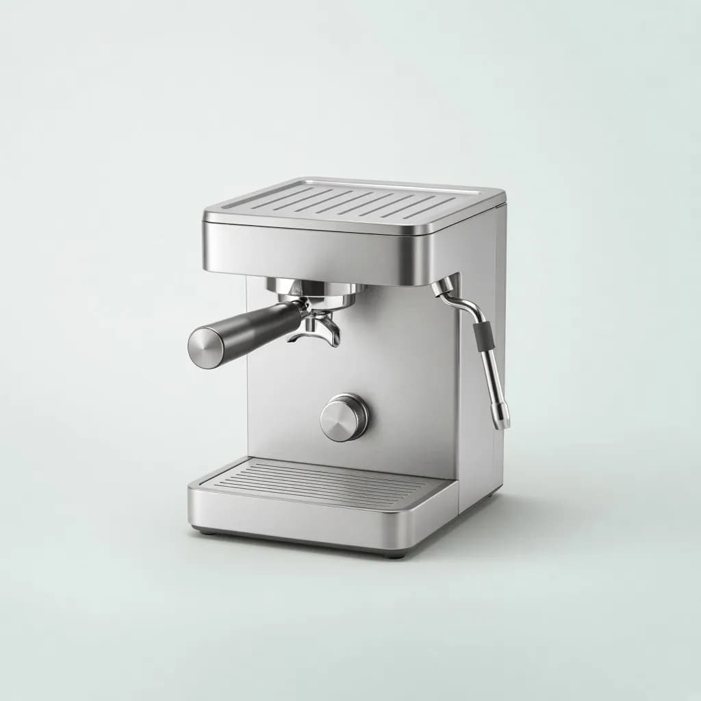 Compact brushed steel espresso machine with a portafilter and steam wand