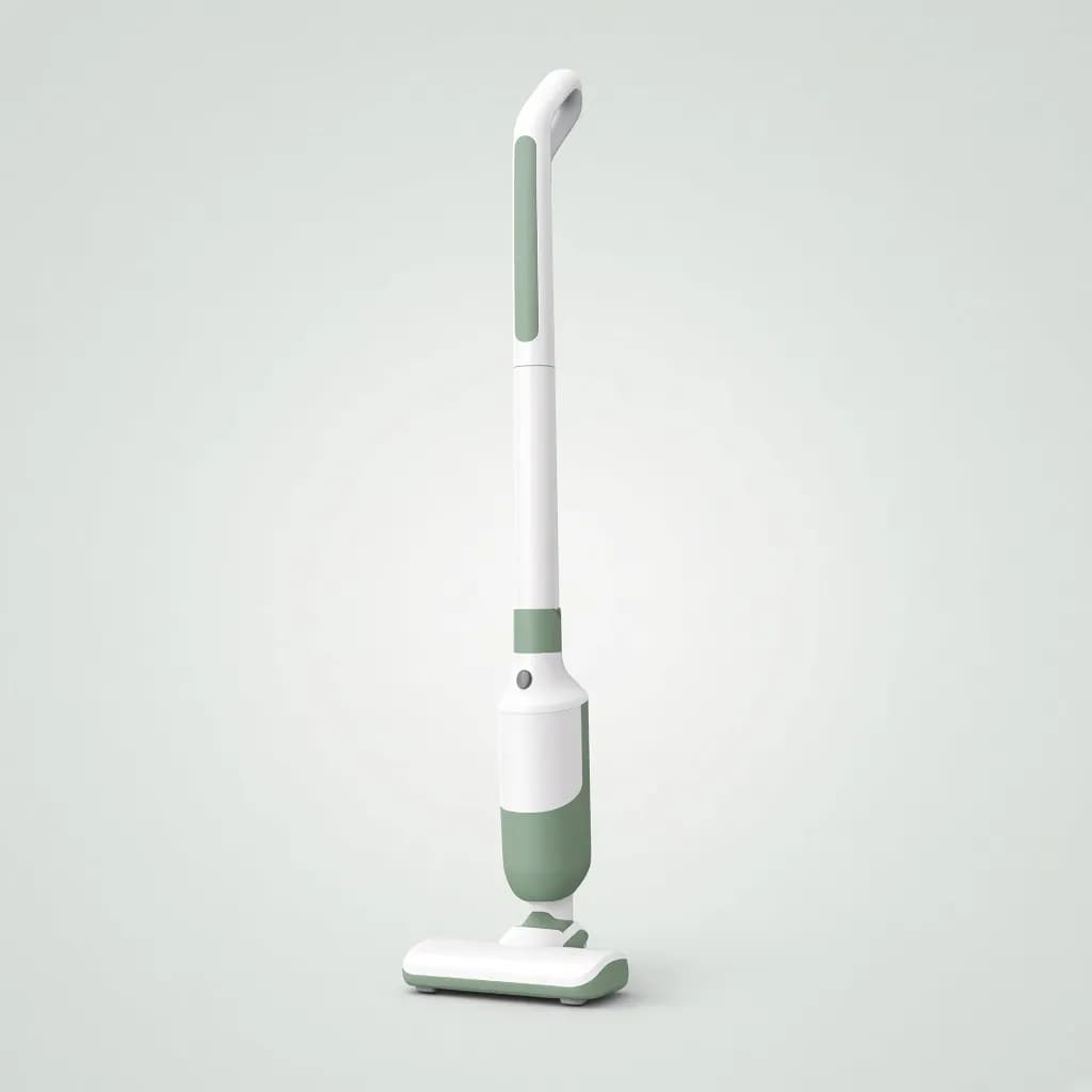 Sleek cordless stick vacuum cleaner in white and sage standing upright