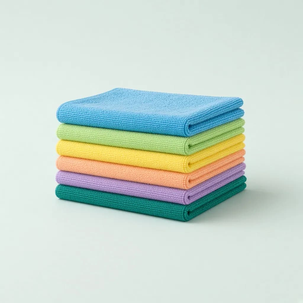 Neat stack of folded colorful microfiber cleaning cloths