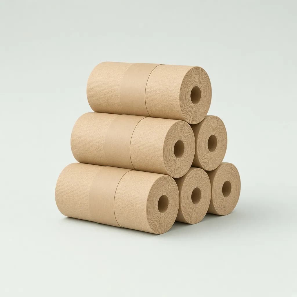 Stack of reusable bamboo paper towel rolls wrapped in kraft paper bands