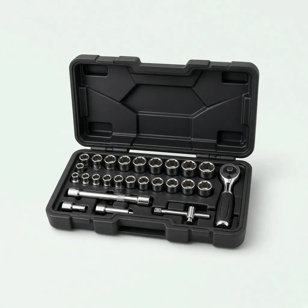 Open hard case with a neatly organized chrome socket and ratchet set