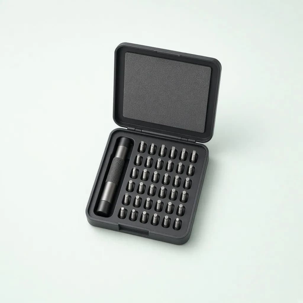 Compact precision screwdriver kit with many small bits in a magnetic case
