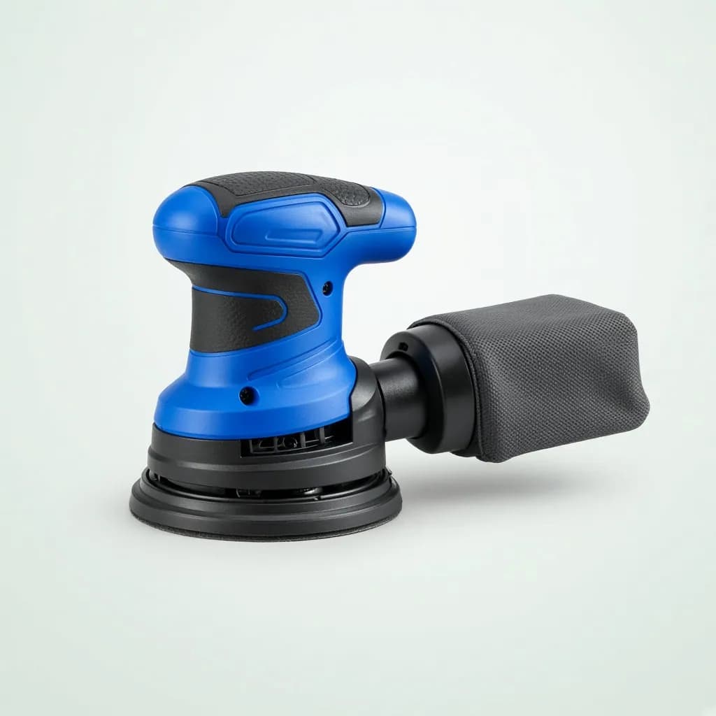 Random orbit sander in cobalt blue and black with a dust bag attached