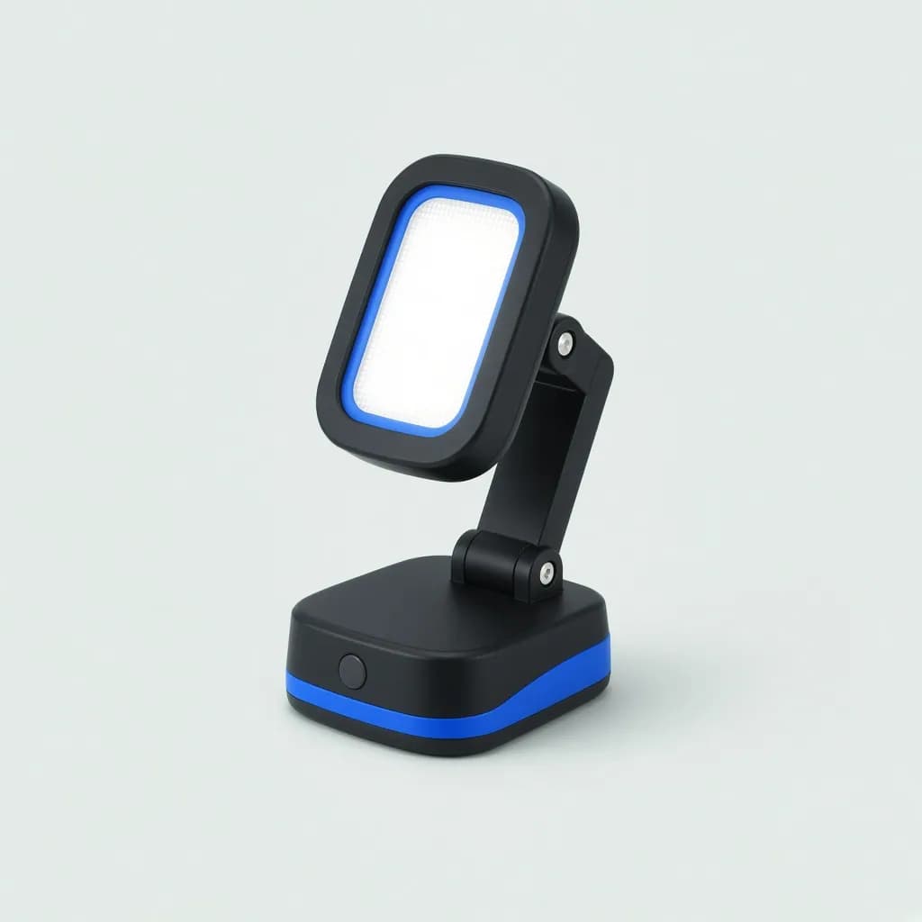 Folding rechargeable led work light with a magnetic base in black and cobalt blue