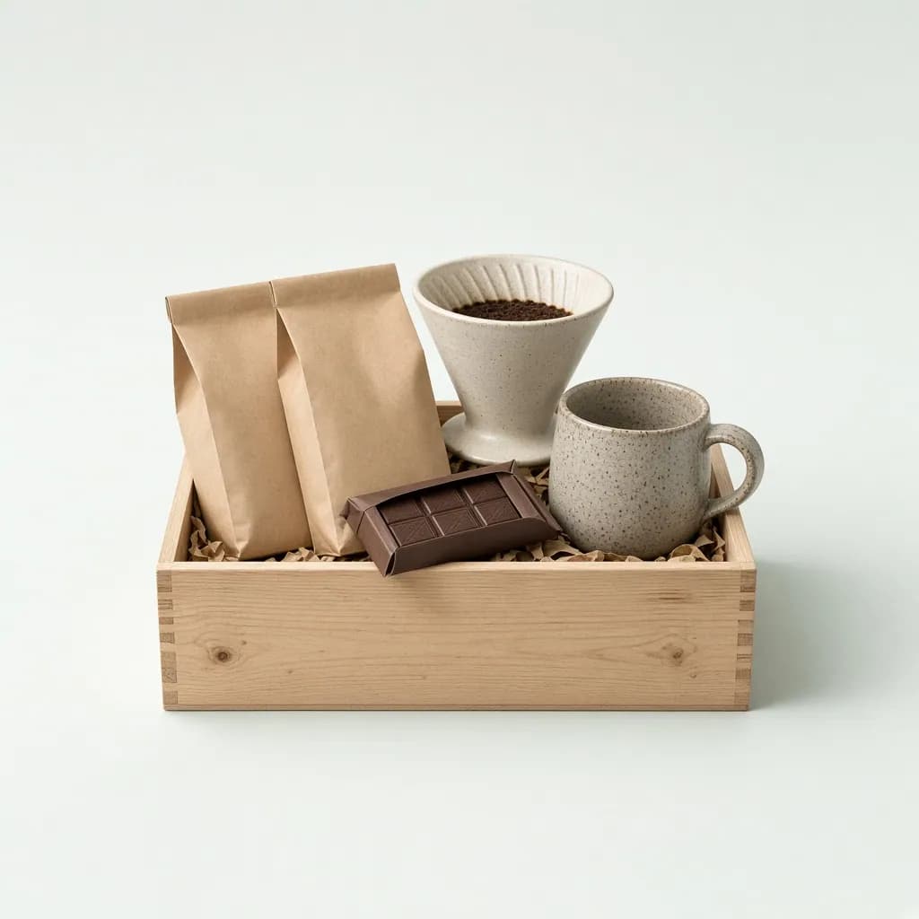 Wooden gift crate with coffee bags, a ceramic pour-over dripper, stoneware mug and chocolate