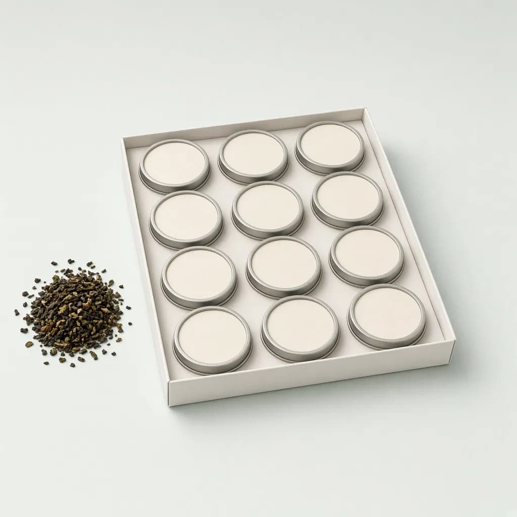 Grid of twelve small round tea tins in a gift box with loose tea leaves