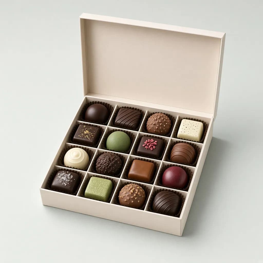 Elegant box of sixteen artisanal chocolates in a neat grid