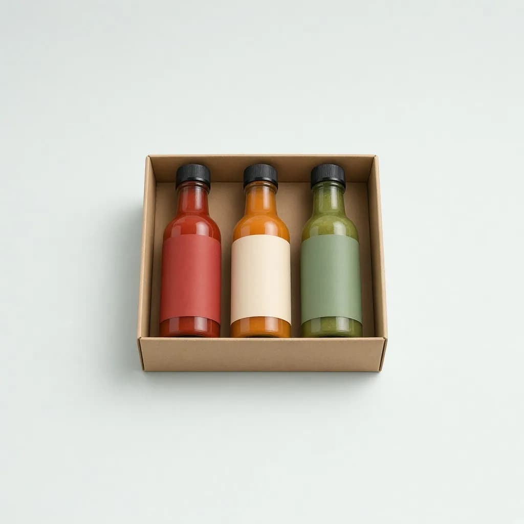 Three small hot sauce bottles in red, orange and green in a kraft gift box