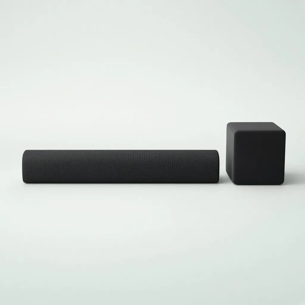 Long black fabric soundbar next to a compact cube wireless subwoofer