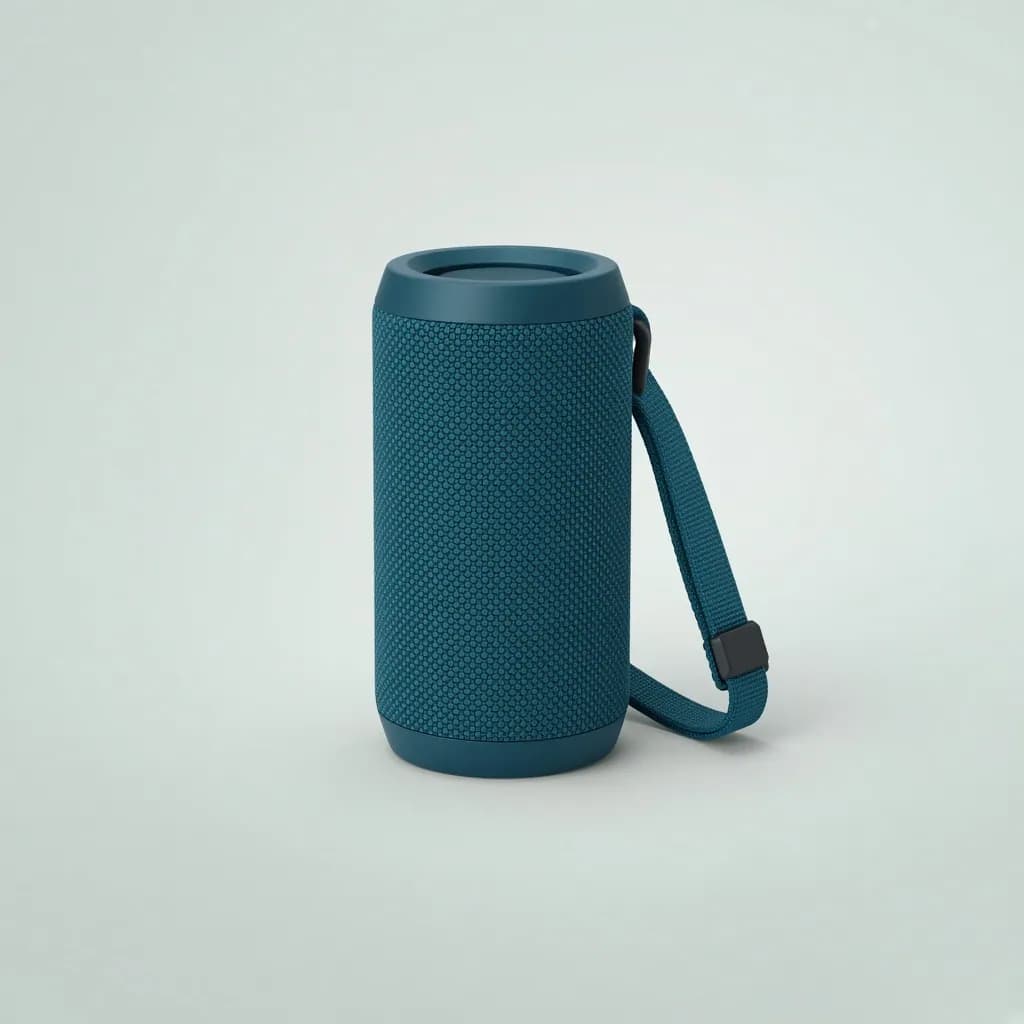 Cylindrical rugged portable bluetooth speaker in deep teal fabric with a carry strap