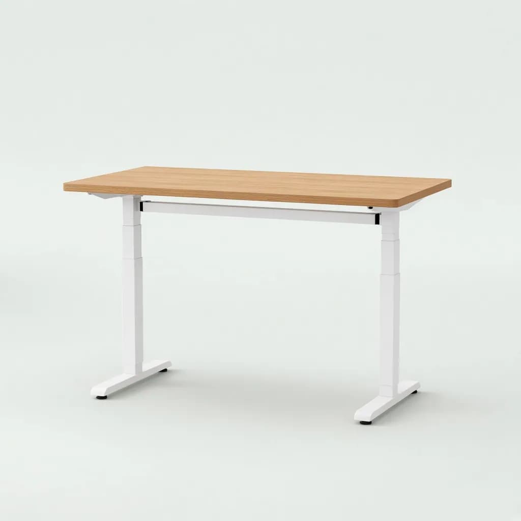 Electric standing desk with a natural oak top and white frame raised to standing height