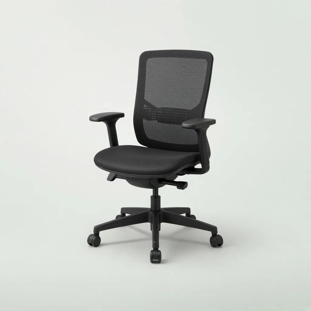 Ergonomic black mesh office chair with adjustable armrests, three-quarter view