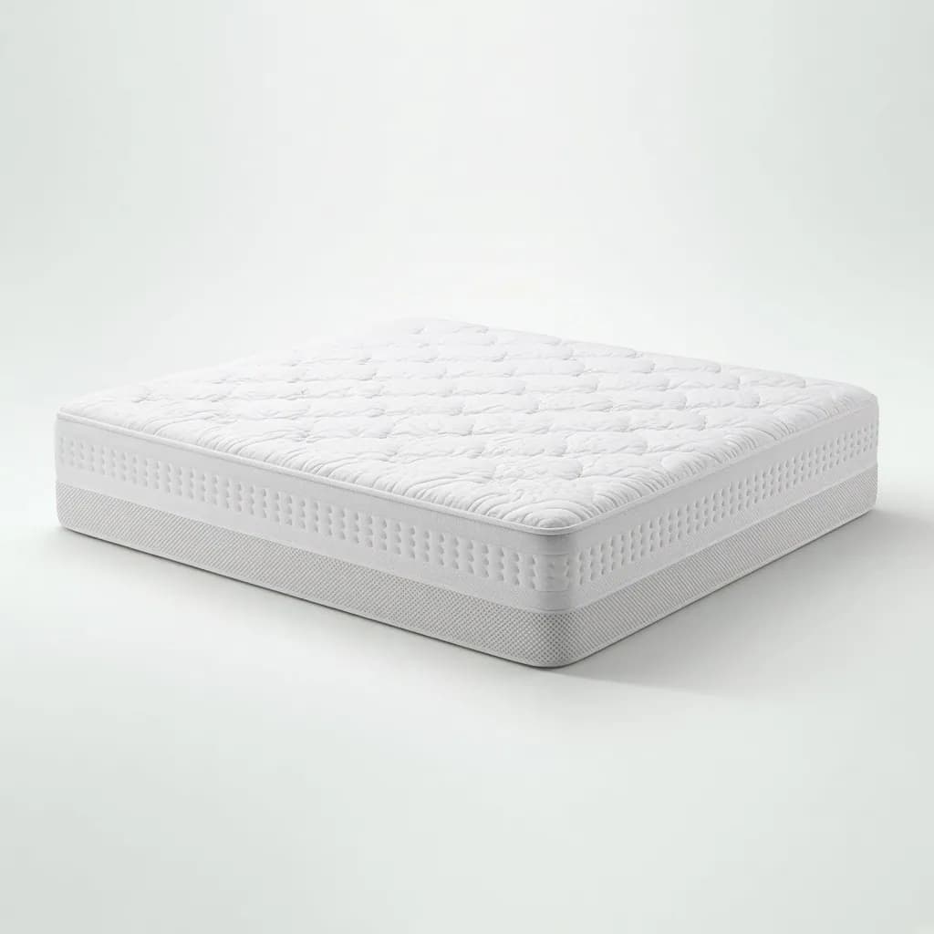 Thick white hybrid mattress with a quilted top shown at a slight angle