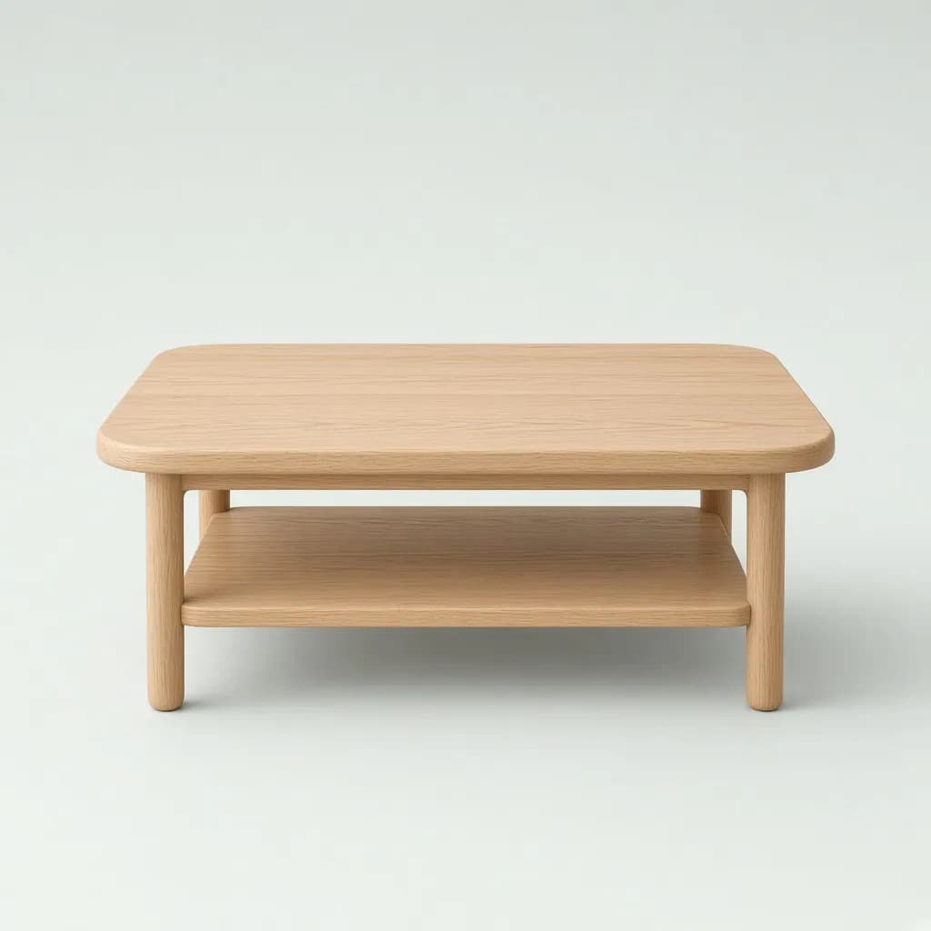 Minimal solid white oak coffee table with rounded edges and a lower shelf