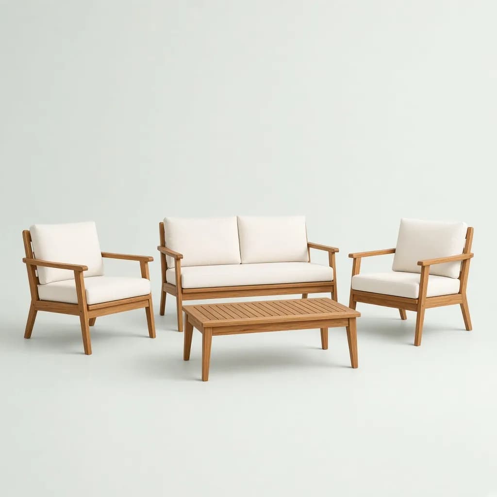 Outdoor teak lounge set with a loveseat, two chairs and coffee table with cream cushions