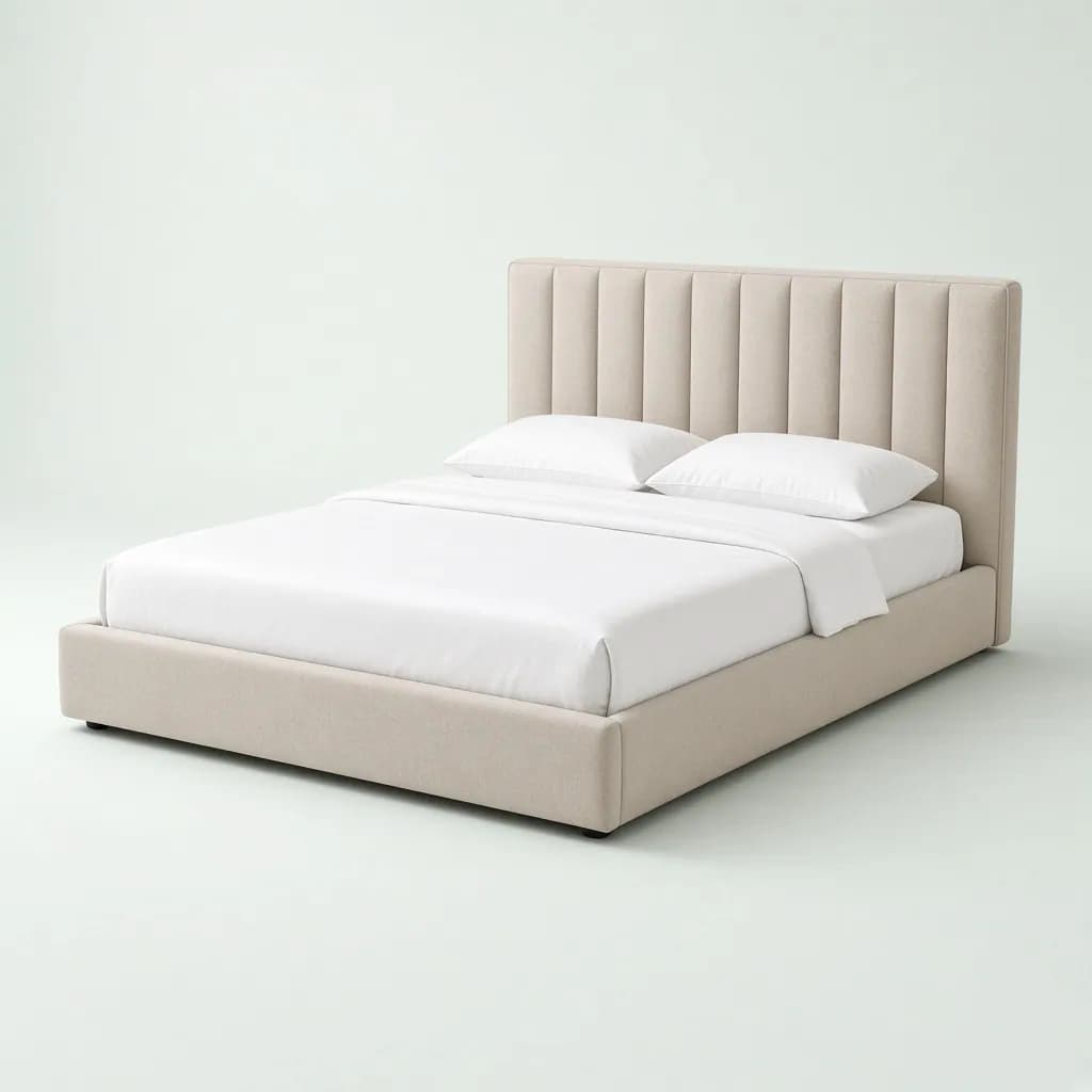 Upholstered platform bed frame with a channel tufted headboard in oat fabric